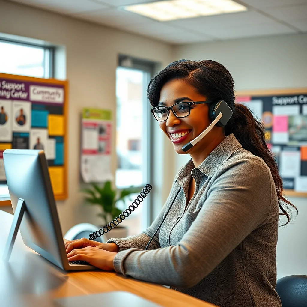 A photorealistic image of a friendly receptionist at a community center, speaking on the phone with a smile. The background shows a welcoming lobby with colorful flyers about support groups and a bulletin board filled with community events.