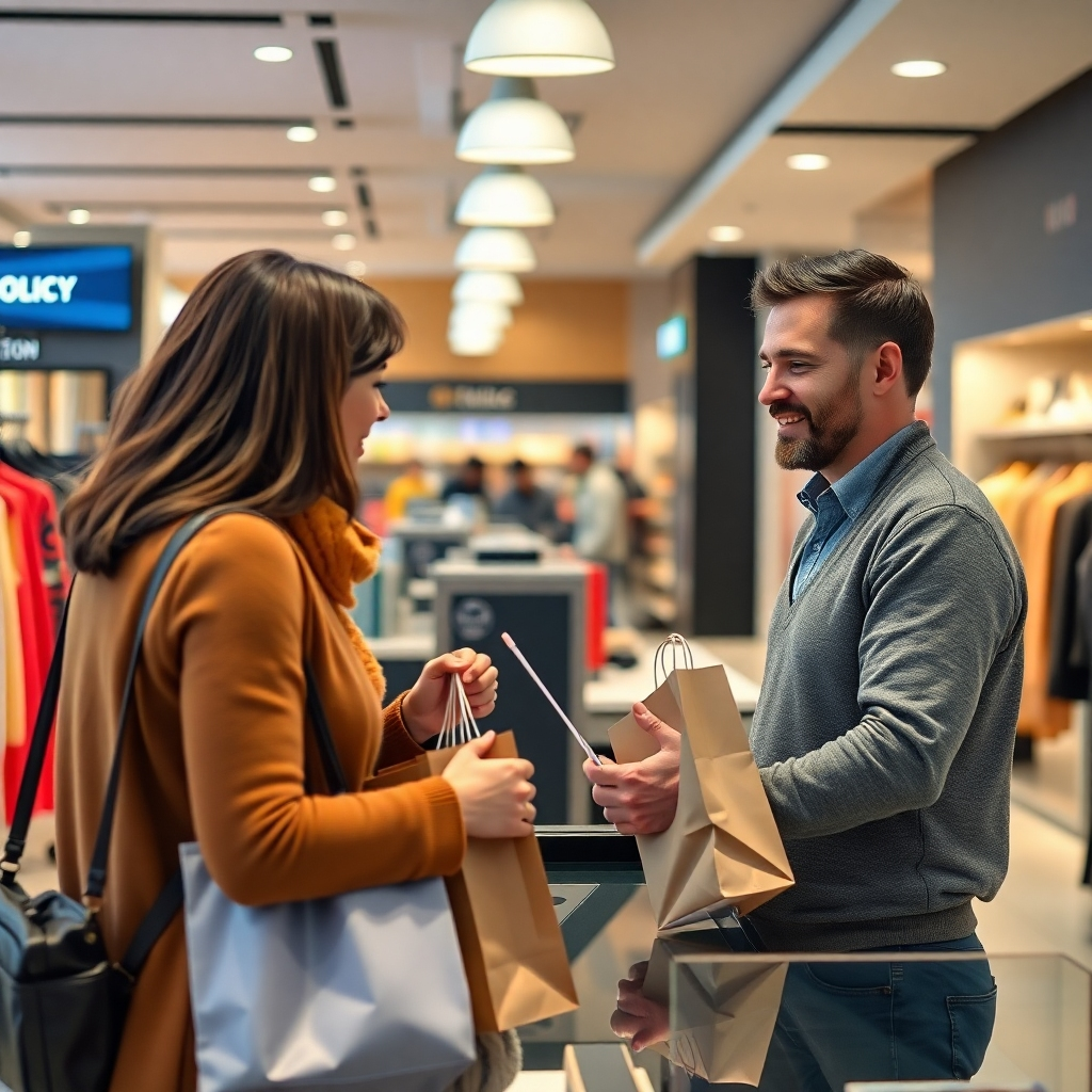 A photorealistic image of a friendly customer service representative at a retail counter, explaining return policies to a customer holding a shopping bag, with a visible return policy sign and a relaxed shopping environment in the background.