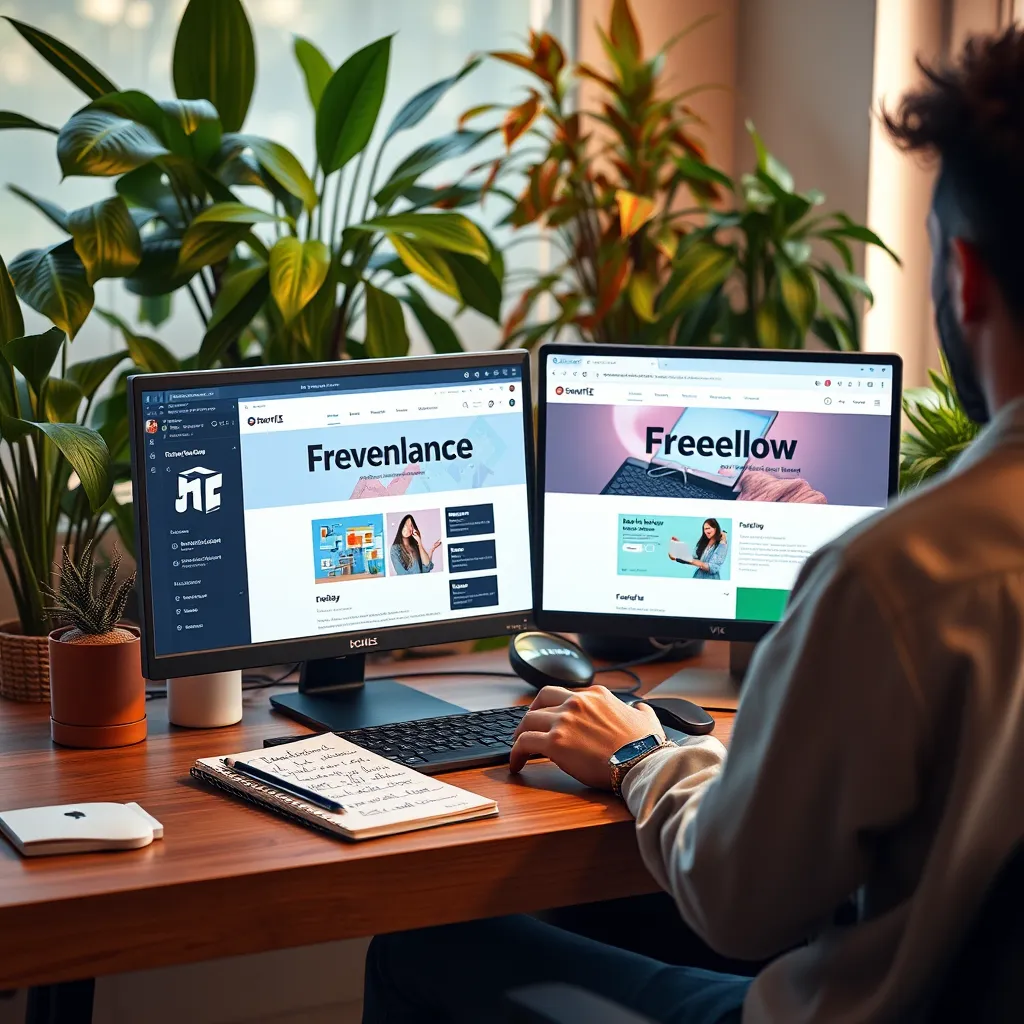 A photorealistic image of a freelancer working on a computer with multiple freelance job websites open, a notepad filled with ideas beside them, and vibrant house plants in the background, conveying a creative and dynamic work atmosphere.