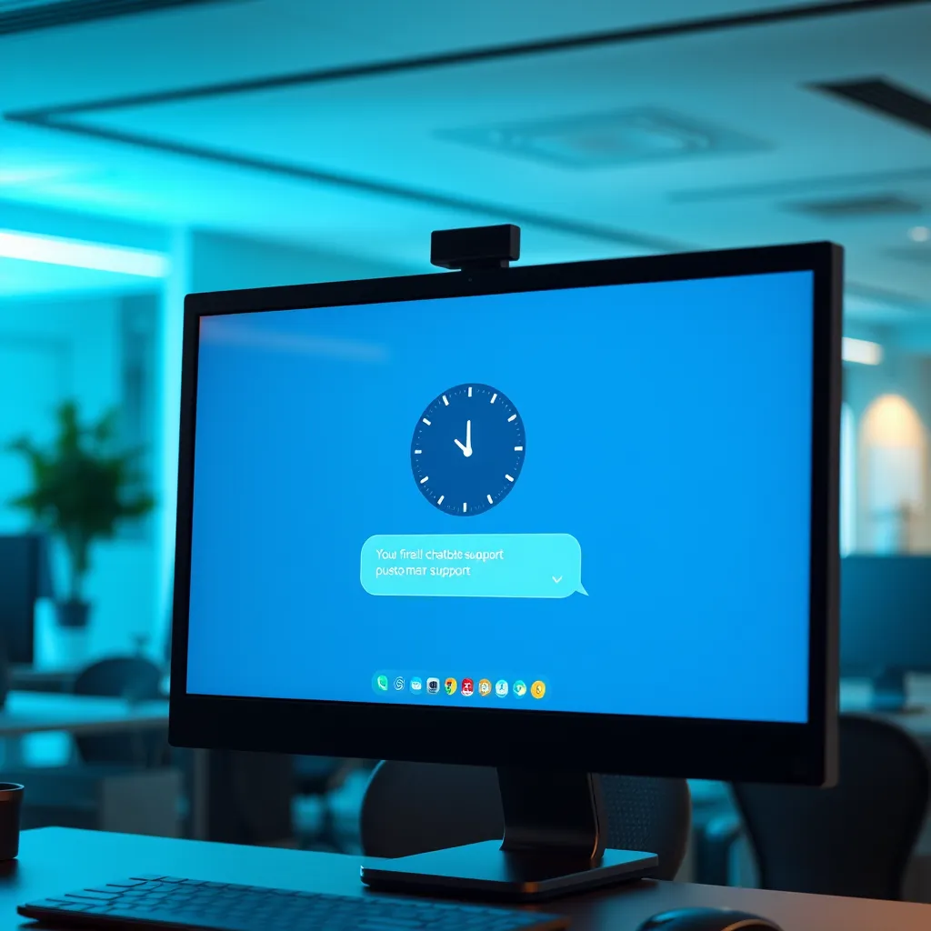 A photorealistic image of a friendly chatbot interface on a computer screen, displaying a clock showing midnight. The background should have a modern office environment, illuminated with soft lighting, reflecting a sense of ongoing customer support.