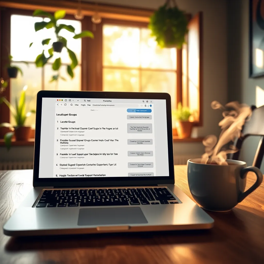 A photorealistic image of a laptop on a cozy wooden table, displaying a web page with a list of local support groups. The background features a sunny window with plants, and a steaming cup of tea, conveying a warm and inviting atmosphere.
