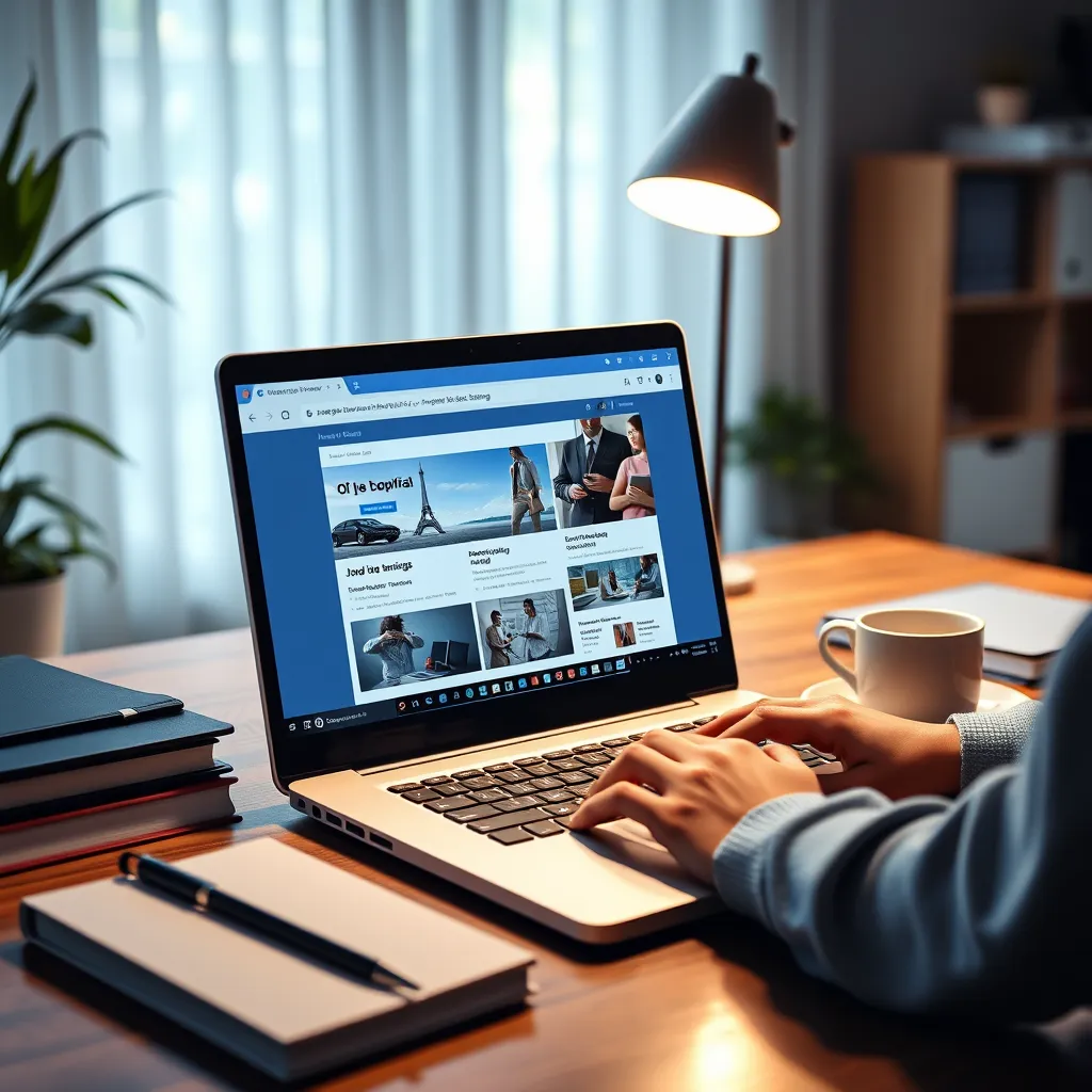 A photorealistic image of a laptop displaying multiple job search websites on the screen, with a person typing on the keyboard, surrounded by notebooks and a cup of coffee on a desk, in a well-lit modern home office environment.