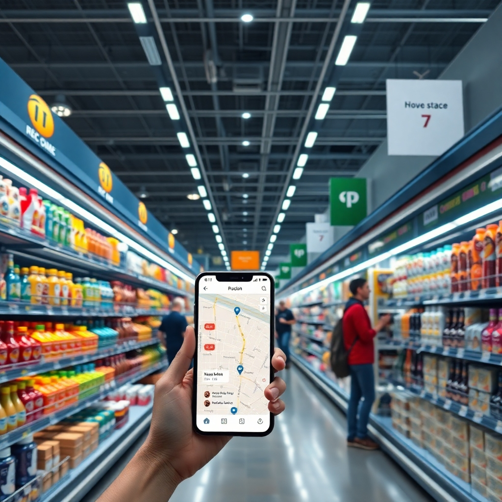 A photorealistic image of a modern supermarket aisle with clear signage, highlighting various shelves stocked with product categories. Include a smartphone displaying a map interface with product locations marked, set against a bustling shopping environment.