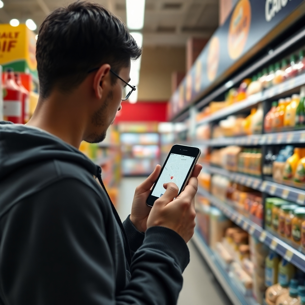 A photorealistic image of a person using a smartphone to check product availability in a local supermarket aisle. The background shows shelves stocked with various groceries, and a map overlay indicating the location of the nearest store.