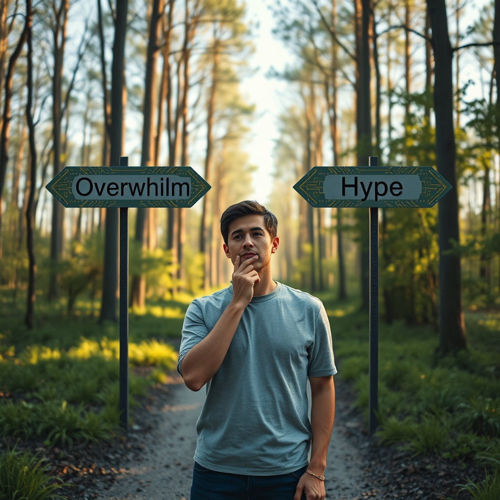A photorealistic image of a person standing at a crossroads, contemplating two diverging paths labeled 'Overwhelm' and 'Hype'. The setting is a serene forest with soft sunlight filtering through the trees, symbolizing clarity amidst confusion. The path signs are elegantly designed with digital circuitry patterns. The focus is on the individual’s thoughtful expression, showcasing the internal struggle. The color palette includes calming greens and warm yellows. Shot at eye level to emphasize the decision-making moment.