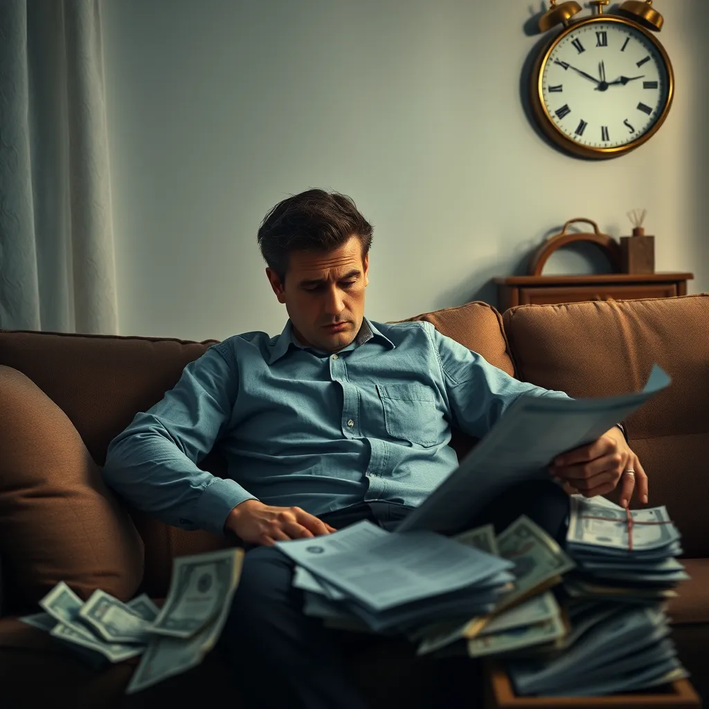A photorealistic image of a person sitting on a couch with a worried expression, surrounded by bills and financial statements, symbolizing the burden of financial stress. The room should be dimly lit, with a clock showing late evening time, creating a somber mood.