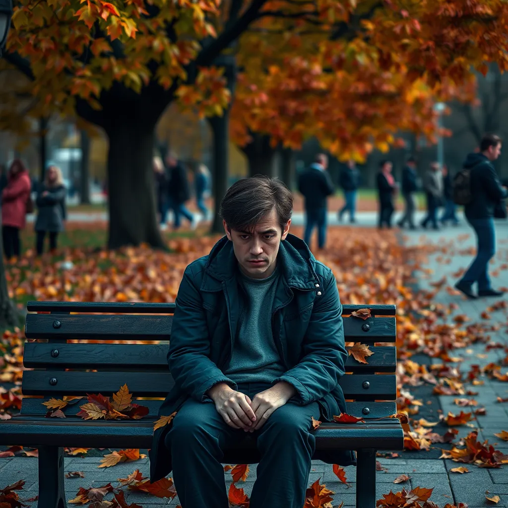 A photorealistic image of a person sitting alone on a park bench, surrounded by vibrant autumn leaves. The expression on their face shows contemplation and sadness, while people in the background are interacting, creating a contrast between connection and solitude.