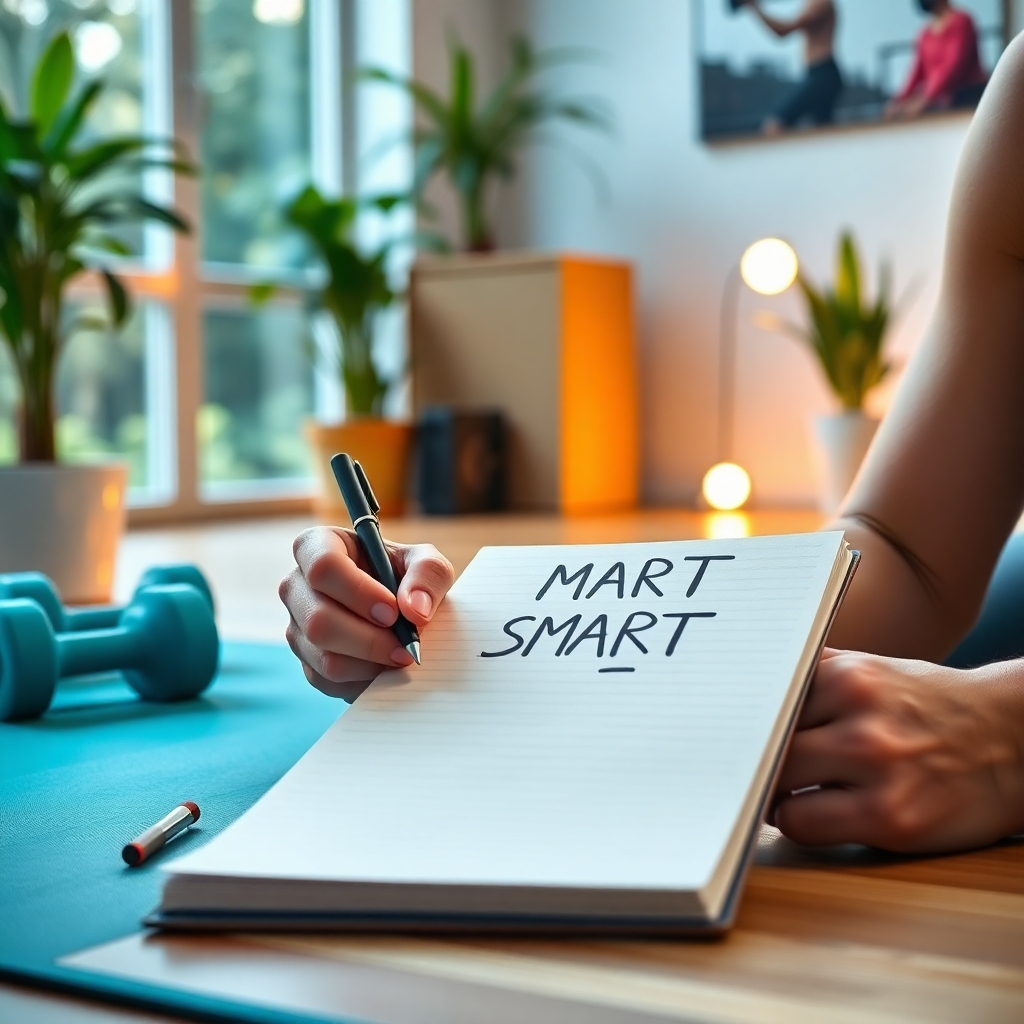 A photorealistic image of a person writing SMART goals in a notebook, surrounded by fitness equipment like dumbbells and a yoga mat, in a well-lit room filled with greenery, emphasizing motivation and clarity in goal setting.