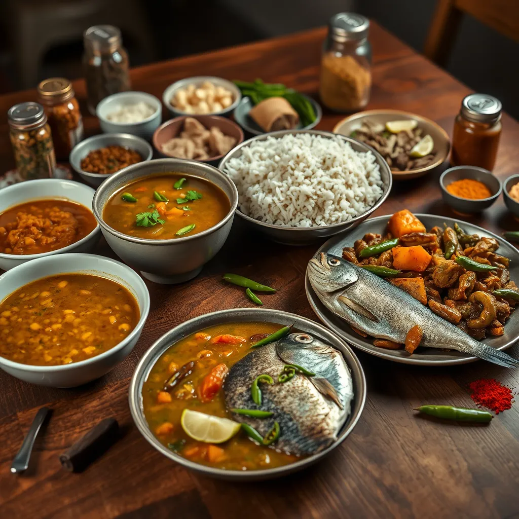 A photorealistic image of a traditional Bangladeshi meal spread on a wooden table. Focus on a bowl of steaming rice, a lentil soup (dal), and a variety of sautéed vegetables. Include fresh fish on a separate plate, garnished with lime wedges and green chilies, and several spice jars scattered around to add visual interest.