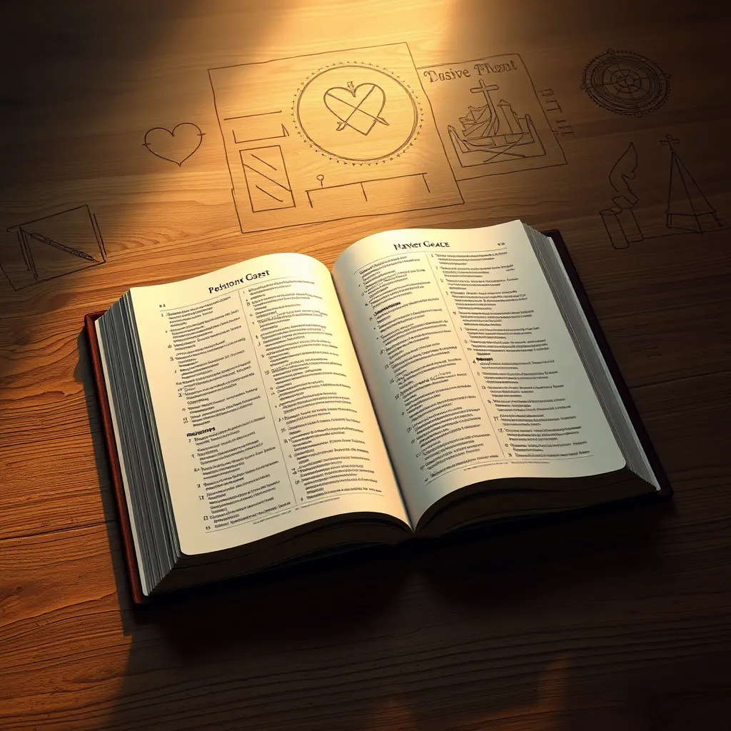 A photorealistic image of an open Bible on a wooden table, with a soft light illuminating the pages. Surrounding the Bible are sketches of a blueprint, including symbols of love, grace, and redemption. The setting is serene, suggesting a peaceful moment of reflection.