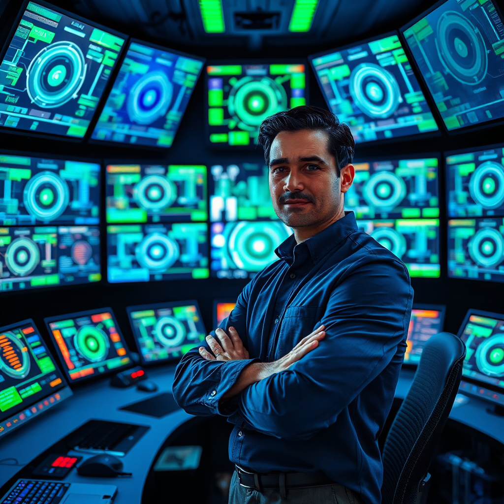 A photorealistic image of an orchestrator in a dynamic control room surrounded by multiple screens, each displaying various AI processes. The environment is cutting-edge and high-tech, with a vibrant color scheme of blues and greens illuminating the space. The orchestrator, a confident professional, engages with the screens, visually representing coordination. The textures combine sleek technology with a busy operations feel.