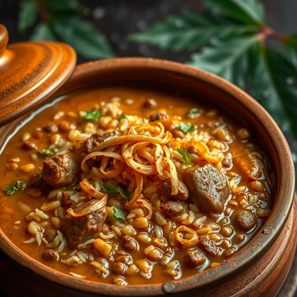 A photorealistic image of Bhuna Khichuri in a traditional Bangladeshi clay pot. The dish looks rich and hearty with visible grains of rice and lentils, chunks of meat, and garnished with crispy fried onions. The background has a rustic feel with monsoon elements like raindrops on leaves.