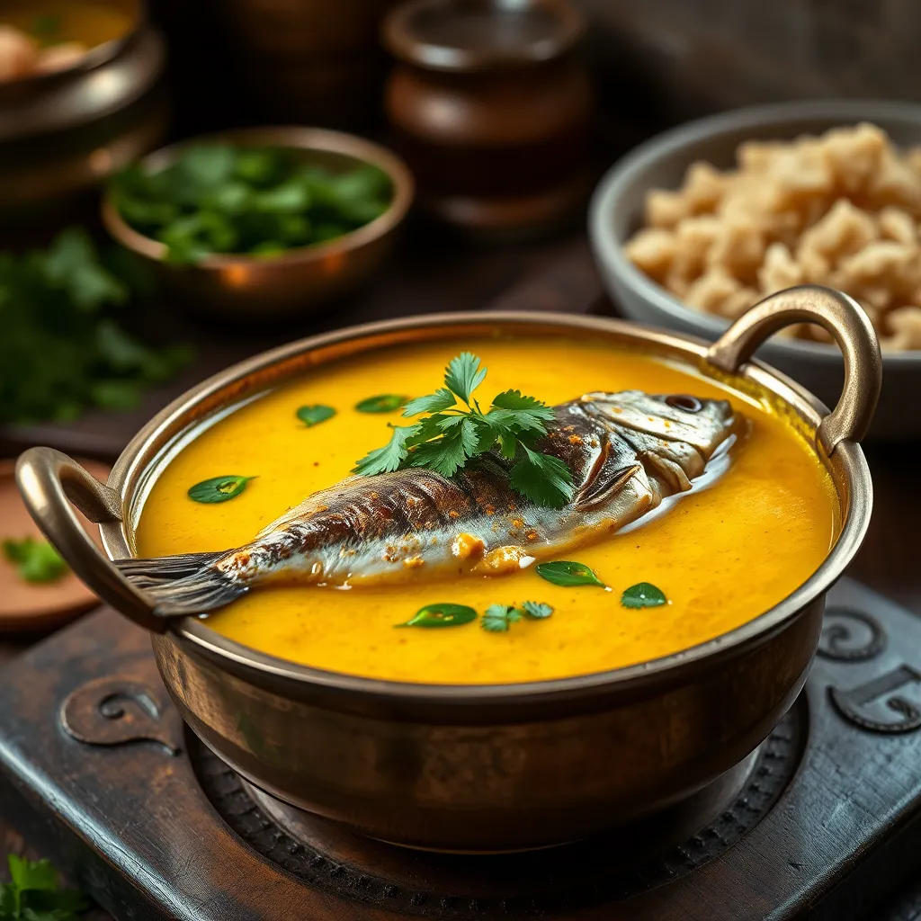 A photorealistic image of Hilsa fish curry served in a traditional brass bowl. The curry has vibrant yellow mustard sauce, green chilies floating on top, and garnished with fresh coriander. The background shows traditional Bangladeshi kitchen setting.
