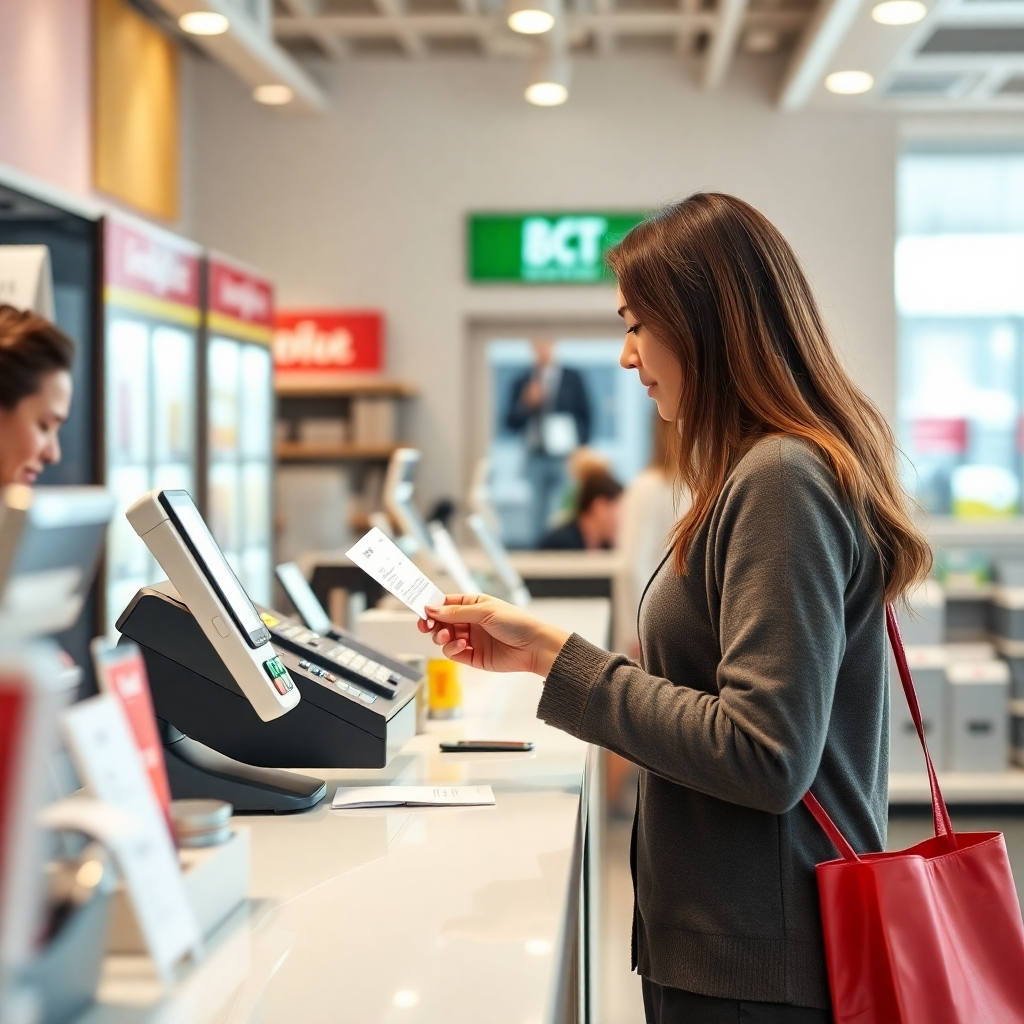 A photorealistic image showcasing a person at a customer service desk, receiving a refund. Include a cash register, receipt, and the original packaging for the product being returned, depicting a smooth customer service experience.