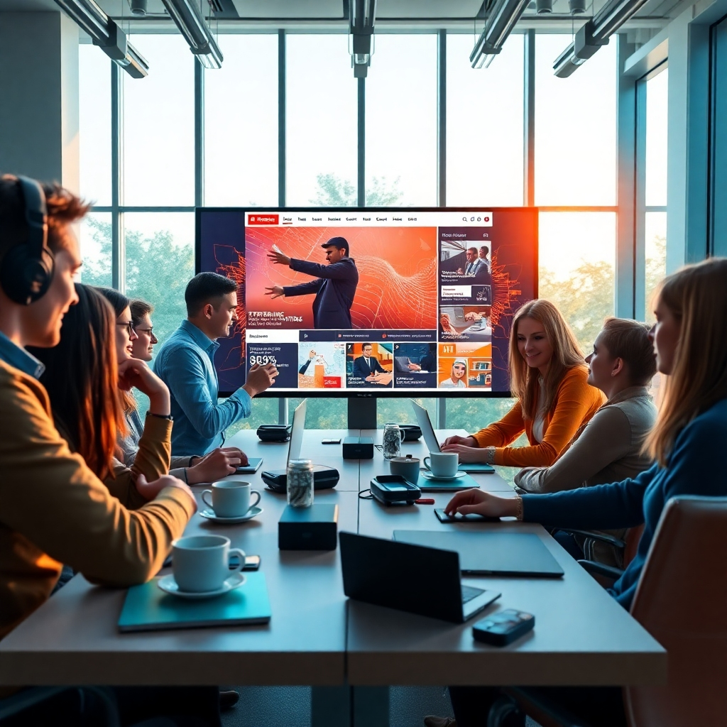 A photorealistic interior shot of a modern tech newsroom, featuring journalists collaborating on lively discussions around a large screen displaying trending AI news. The scene is brightly lit with natural light pouring in through large windows, and the color palette mixes calming blues and vibrant oranges. Desks are adorned with AI gadgets and coffee cups. The image captures dynamic expressions on the faces of the team members, reflecting an atmosphere of creativity and enthusiasm.