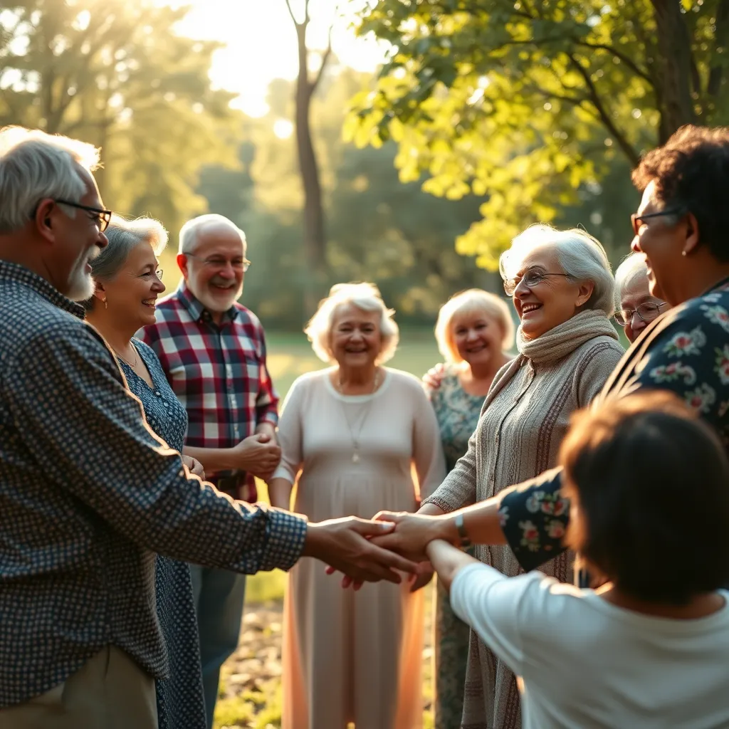 A photorealistic scene of a diverse group of church community members, gathered in a circle outdoors, sharing stories and laughter. They are of various ages, holding hands in fellowship, with a serene backdrop of nature and sunlight filtering through trees.