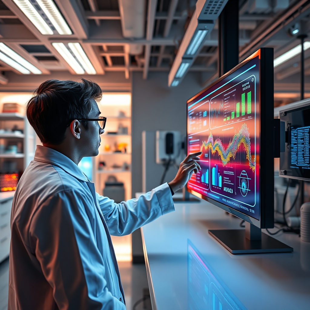 A photorealistic visualization of a researcher reviewing richly detailed AI-generated reports on a vibrant digital screen within a modern lab environment. The lab is filled with advanced technology, and soft lighting accentuates the sharp contrast of the colorful screens. The textures include glossy surfaces and interactive holograms. The camera angle can be a close-up of the screen, showcasing the clarity and depth of information presented.