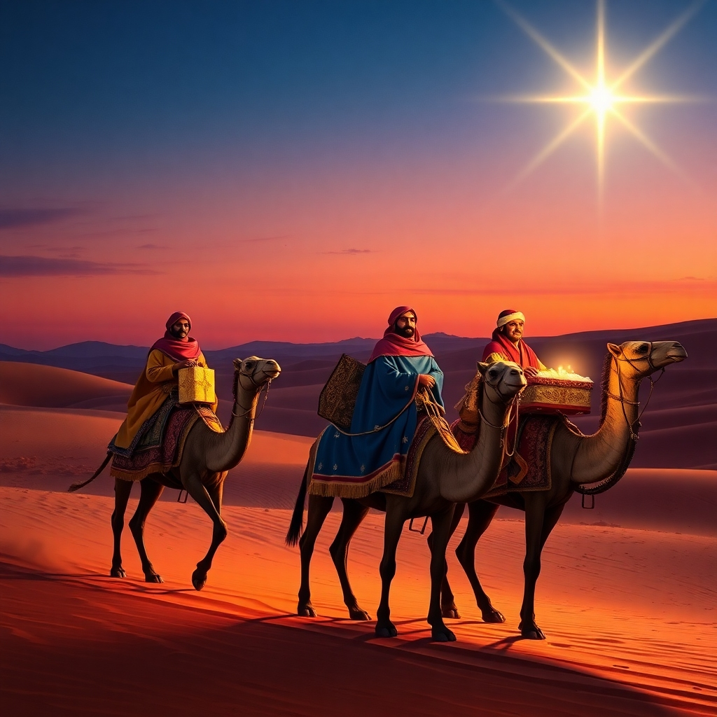 A picturesque desert landscape at twilight, featuring the Three Wise Men on camels traveling towards Bethlehem, guided by a bright shining star. They carry ornate gifts of gold, frankincense, and myrrh, in rich, colorful robes that reflect their nobility.