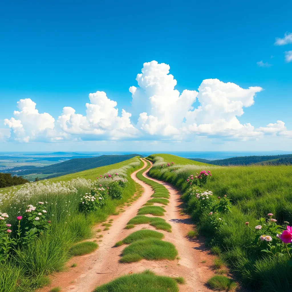 A picturesque landscape showing a winding path leading toward a distant horizon, with lush greenery and blooming flowers on either side. The sky is a brilliant blue with fluffy white clouds, symbolizing hope and endless possibilities.