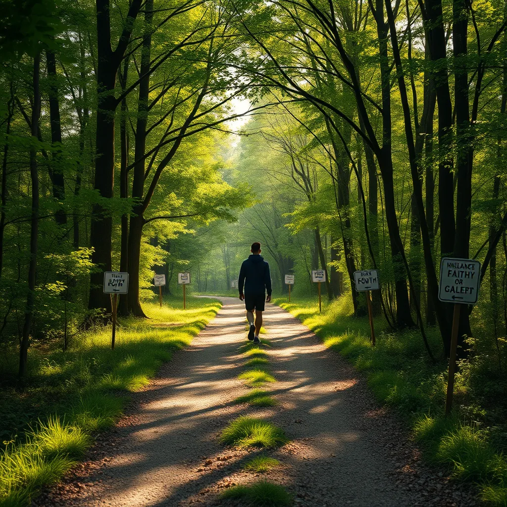A picturesque pathway through a green forest, with sunlight filtering through the trees. Along the path, subtle signs symbolize challenges and growth. A person is seen walking contemplatively, illustrating the concept of faith as a journey.