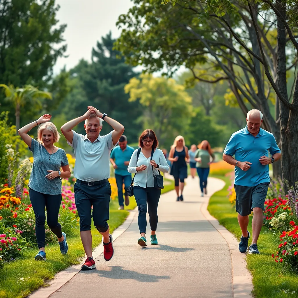 A picturesque trail designed for walking, featuring individuals of varying ages and backgrounds strolling along, with some stretching and others using fitness trackers. The path is surrounded by colorful flowers and trees, creating an inviting and healthy environment.