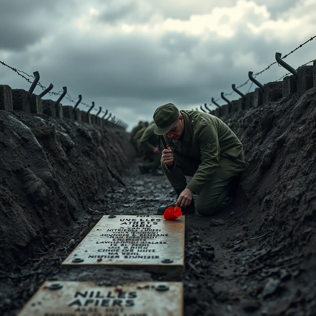 A poignant historical scene depicting soldiers in a World War I trench, surrounded by barbed wire and mud, with a somber sky above. In the foreground, a soldier kneels to place a poppy on a grave with names inscribed, capturing both the grim reality and the reverence of remembrance.