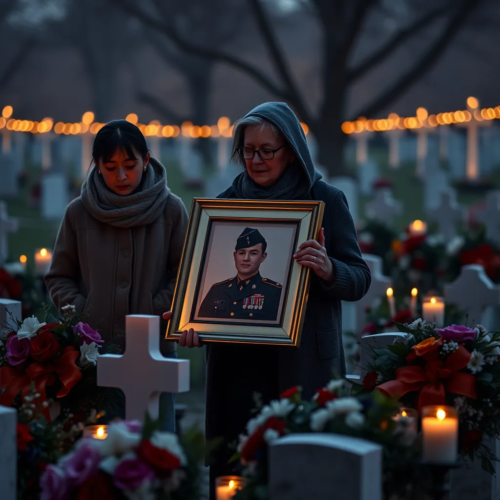 A poignant image showcasing an emotional family gathering at a cemetery, with a mother holding a framed photograph of a soldier. Surrounding them are wreaths of flowers and candles, illuminating the solemn atmosphere as they pay their respects.