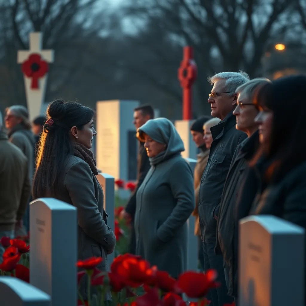 A poignant scene depicting a diverse group of people, from various age groups, standing in silence at a war memorial on Remembrance Day. The atmosphere is solemn, with soft lighting highlighting their reflective expressions, surrounded by poppies and other memorials, evoking a sense of unity and remembrance.