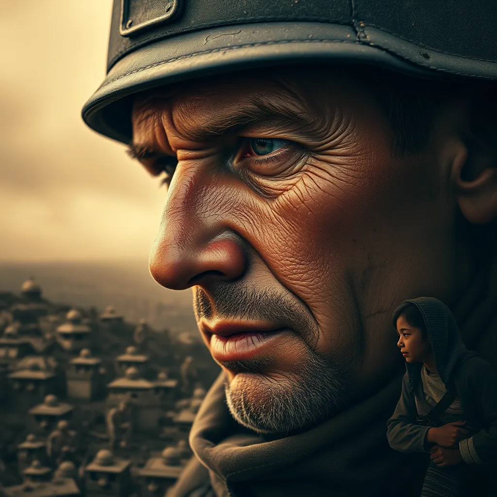 A powerful close-up of a weathered soldier's portrait, juxtaposed with images of war-torn landscapes and families affected by the conflict. The composition should convey the emotional weight of loss, using a sepia tone for nostalgia and grief.