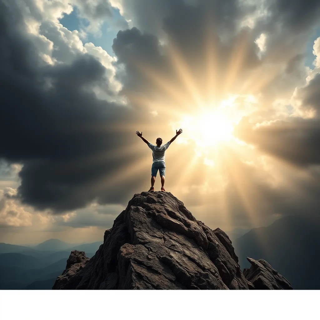 A powerful image of a person standing on a rocky cliff, arms raised toward the sky as sunlight breaks through dark clouds. The scene conveys a sense of triumph and faith, symbolizing strength derived from divine support.