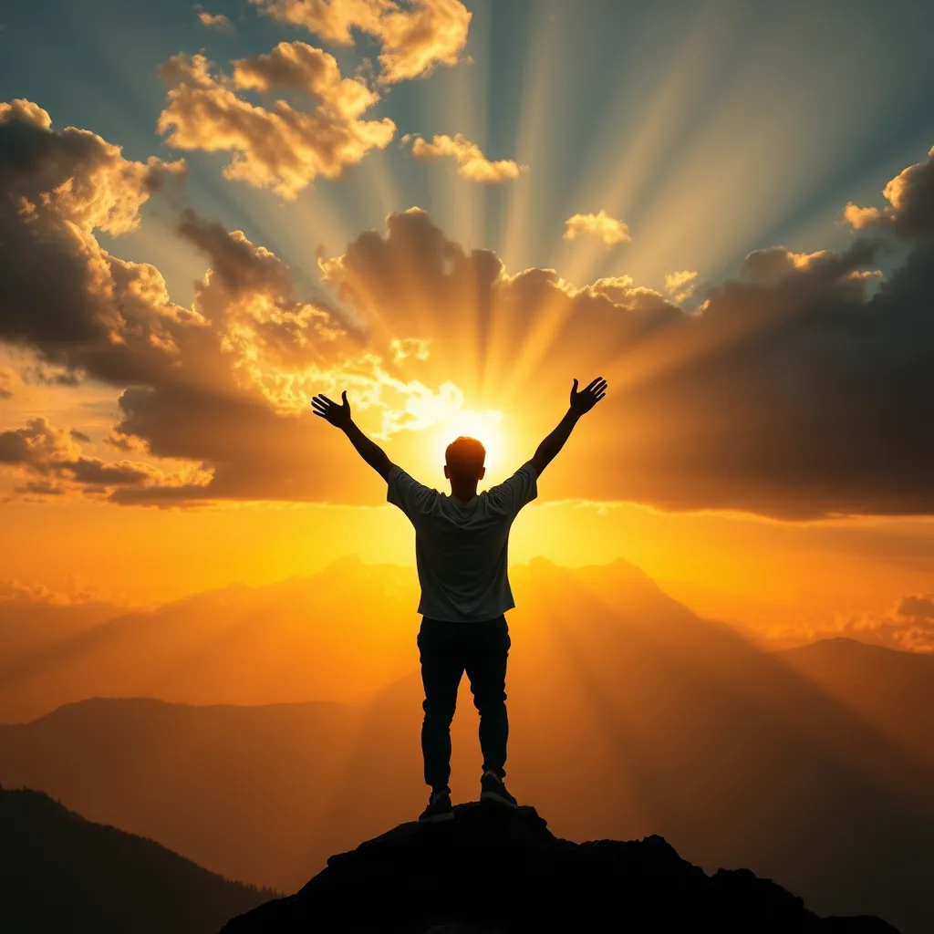 A powerful image of a person standing on a mountain top at sunset, arms raised in triumph, with a radiant light breaking through clouds, symbolizing hope, resilience, and the uplifting influence of faith in Jesus.