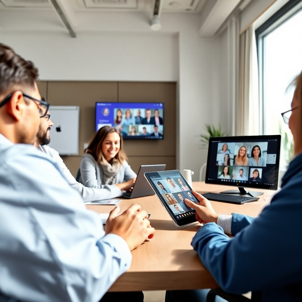 A practical image showcasing AI integration in Microsoft Teams. The visual features a collaborative workspace with team members using Teams on various devices. Natural, bright lighting creates an inviting scene, with a color palette of blues and whites promoting professionalism. The camera angle captures the dynamic discussions and screen interactions. Textures include smooth tablet surfaces and clear displays. Style references align with a modern office environment.