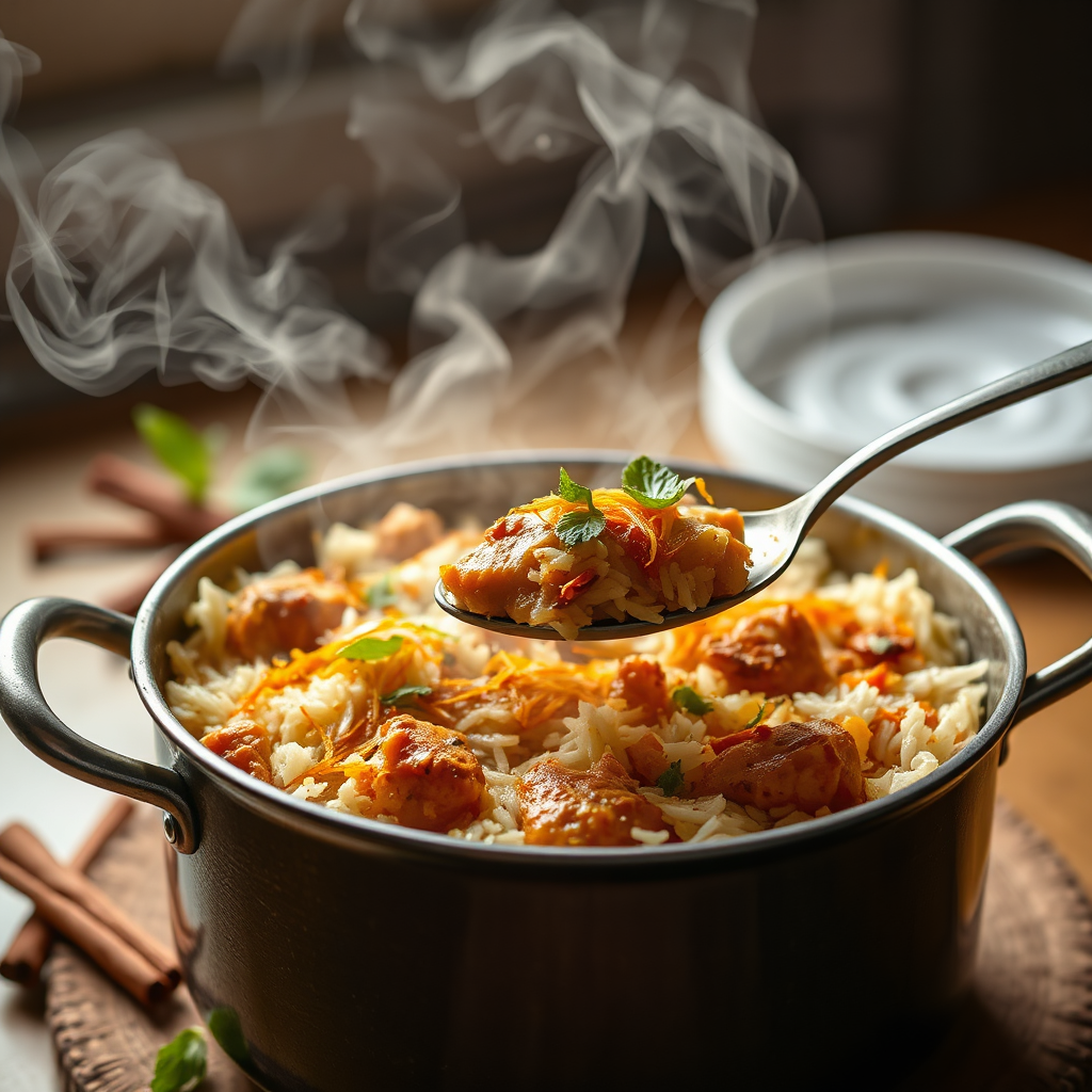 Steaming kacchi biryani being served