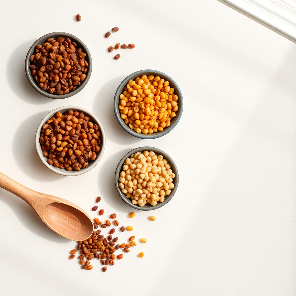 Assorted lentils in ceramic bowls