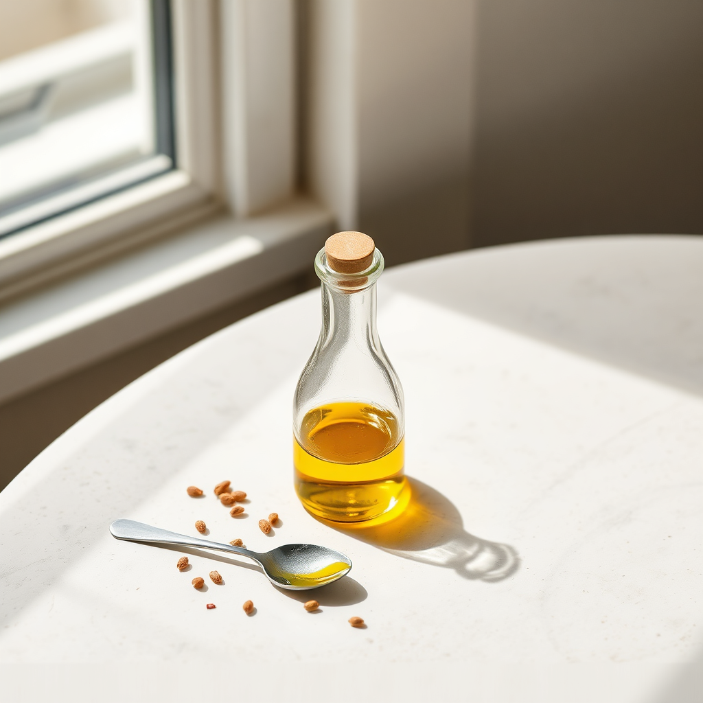 Mustard oil bottle with mustard seeds