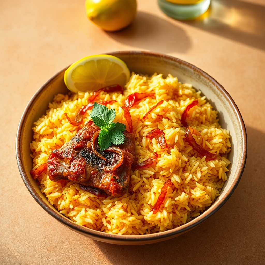 Biryani bowl with saffron rice and caramelized onions