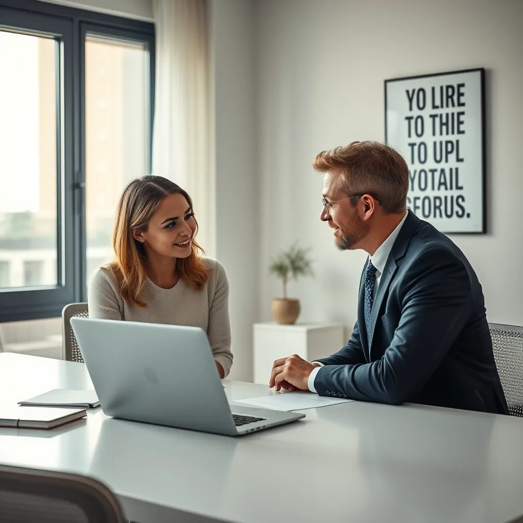 A professional career coach working one-on-one with a job seeker in a bright, modern office. The scene includes a laptop open with a resume on the screen, notes on the table, and a motivational poster on the wall, depicting an encouraging atmosphere.