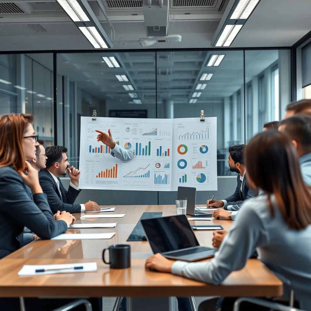 A professional consultant in a modern office setting, pointing at a chart filled with data and graphs, guiding a group of attentive business executives seated around a conference table. The environment is professional and high-tech.