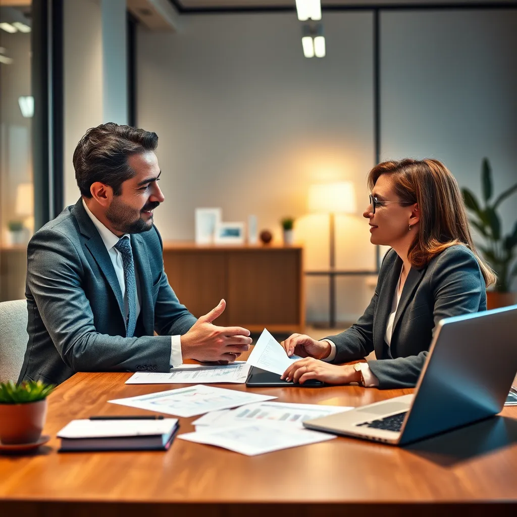 A professional financial advisor consulting with a client in a modern office setting. The scene should include a desk with financial documents, a laptop displaying graphs, and a warm, inviting atmosphere that conveys trust and professionalism.