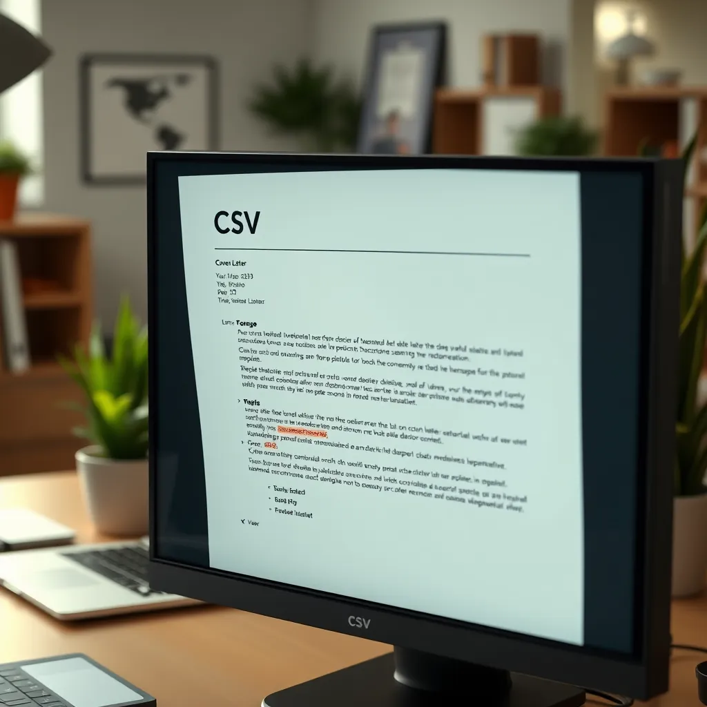 A professional-looking CV and cover letter displayed on a computer screen, with highlighted keywords popping out. The background should show an office environment, and include elements like a desk, laptop, and potted plants, conveying a modern and organized workspace.