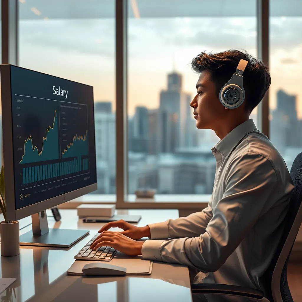 A professional office environment featuring a young AI professional at a desk looking at a salary chart on the computer screen. Include visual elements like a salary report with upward trends and a city skyline visible through the window.
