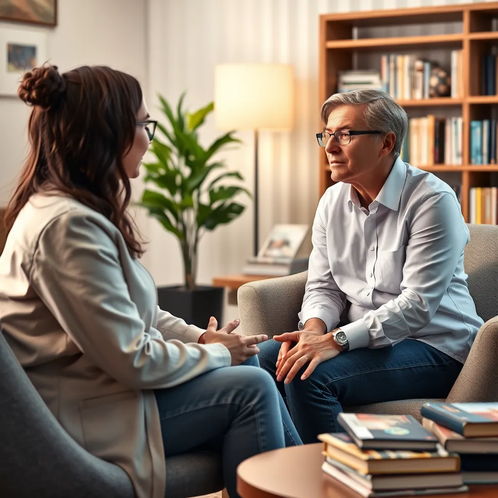 A professional parenting coach sitting with a concerned parent in a modern consulting room. The room is filled with supportive resources like books and pamphlets. The atmosphere is warm and engaging, emphasizing a productive discussion.
