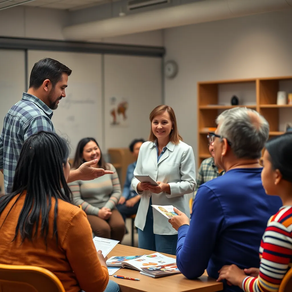 A professional workshop setting where a diverse group of parents are engaged in a hands-on parenting class. The instructor, a caring professional, is demonstrating a technique, with supportive materials like brochures visibly placed around.