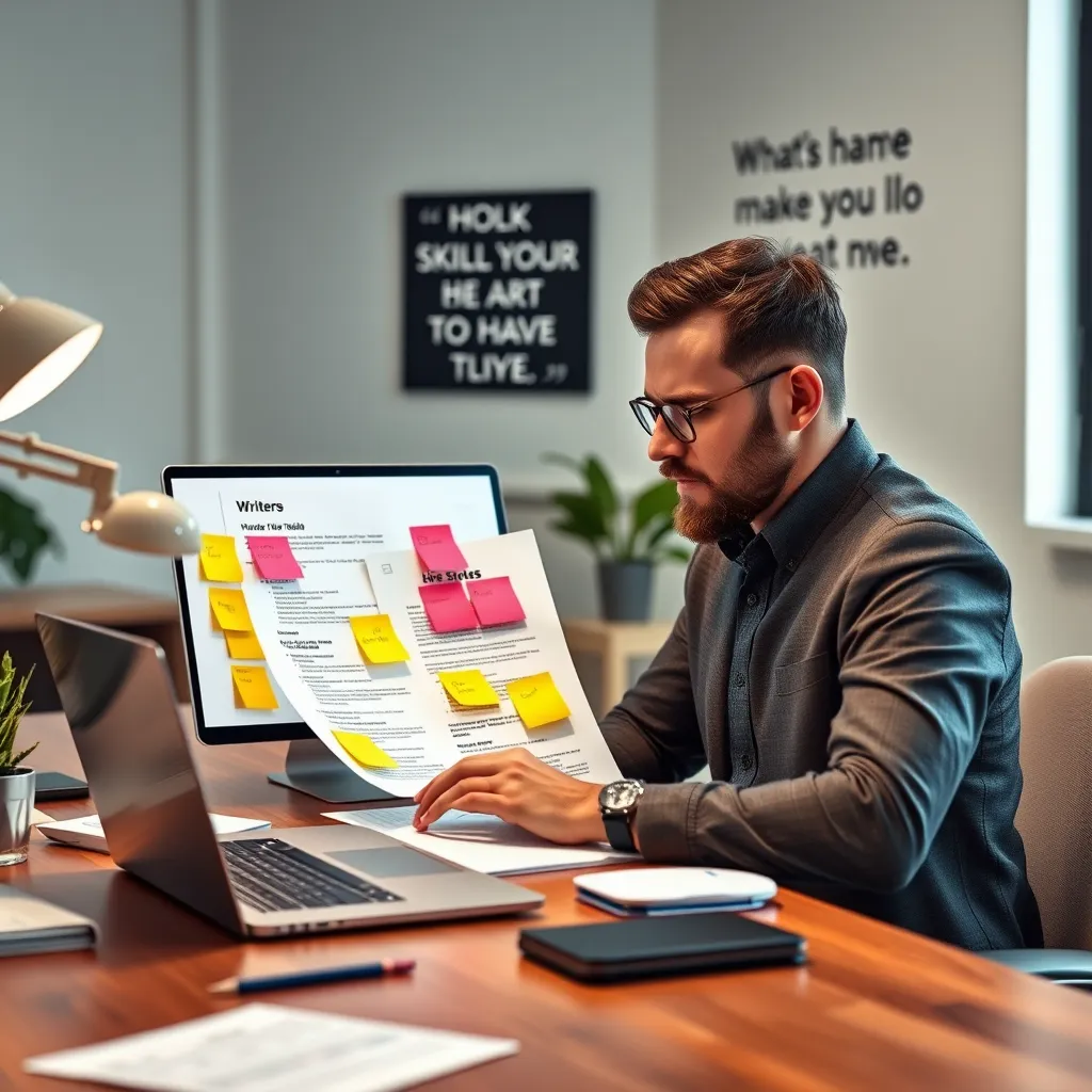 A professional writer at a desk, reviewing a CV with a laptop displaying a job advertisement. Colorful sticky notes highlight specific skills matching the job. A calm office environment with motivational quotes on the wall.