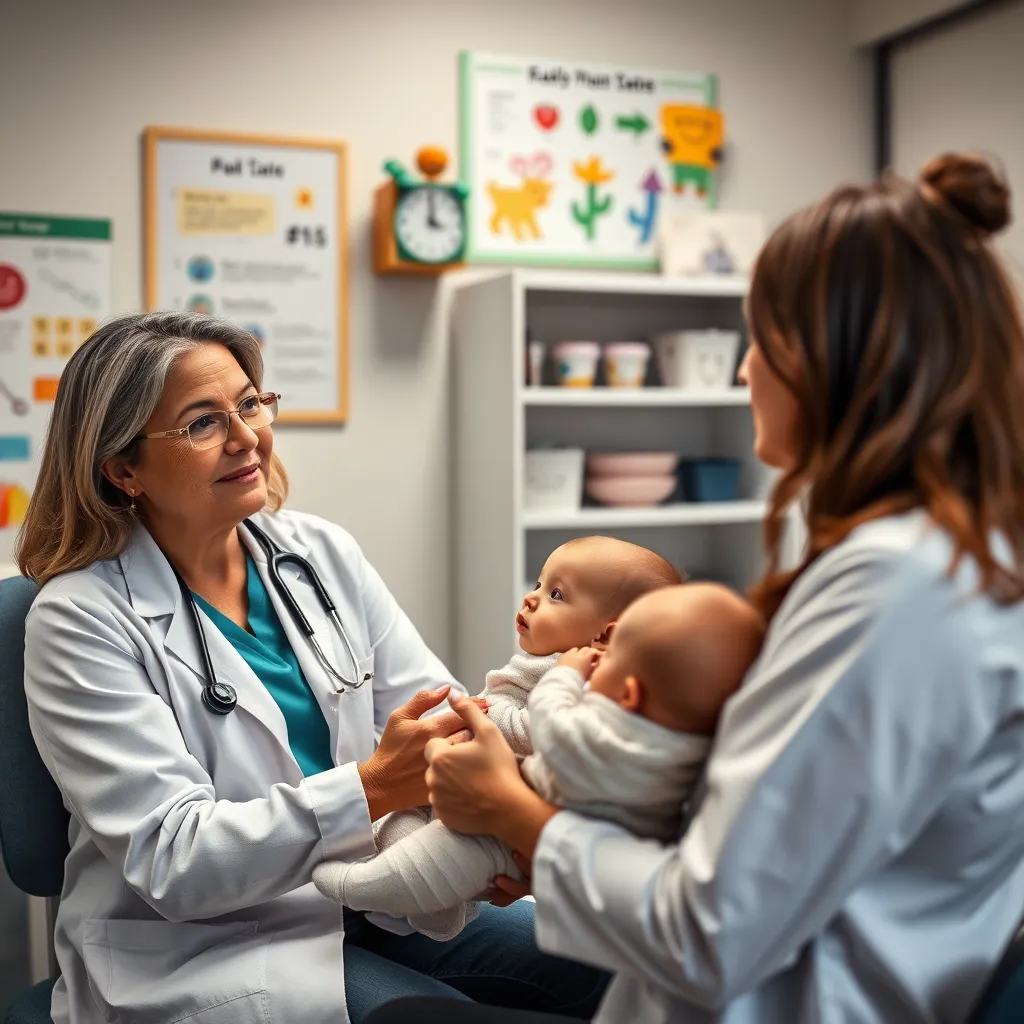 A realistic doctor’s office scene where a pediatrician, a kind-looking middle-aged woman, discusses parenting issues with a young, attentive mother holding a baby. The office has child-friendly decorations such as colorful charts and toys, creating a comforting environment.
