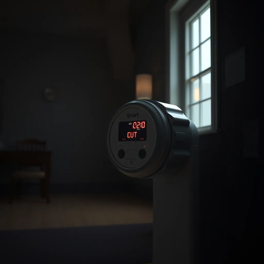 A realistic scene of a smart meter in a dimly lit room, showing a display that is blinking and indicating a power cut. The surrounding area should be dark to emphasize the outage, with faint light coming from a nearby window.
