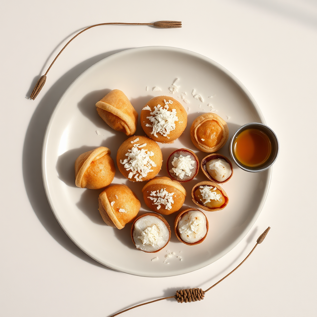 Assorted pitha on a ceramic plate