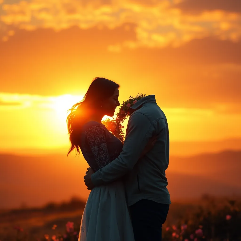 A romantic couple embracing under a beautiful sunset, surrounded by soft, glowing light. In the background, a heart shape formed by trees and flowers, symbolizing love and connection. The atmosphere is warm and inviting, with a serene landscape.