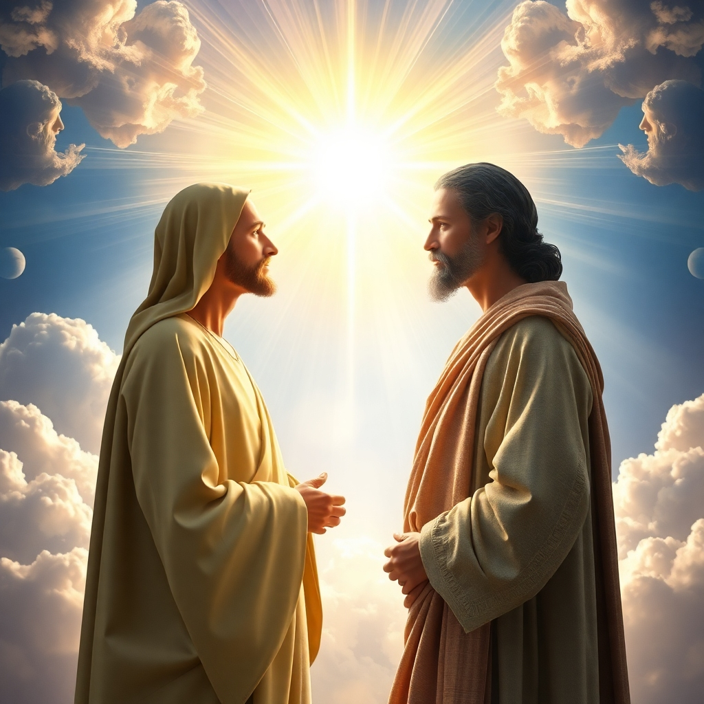 A sacred scene with two contrasting figures: a divine light representing the Holy Spirit and an earthly figure symbolizing humanity. They face each other, with a split background showing heaven and earth, conveying the concept of Jesus's unique nature as both God and man.