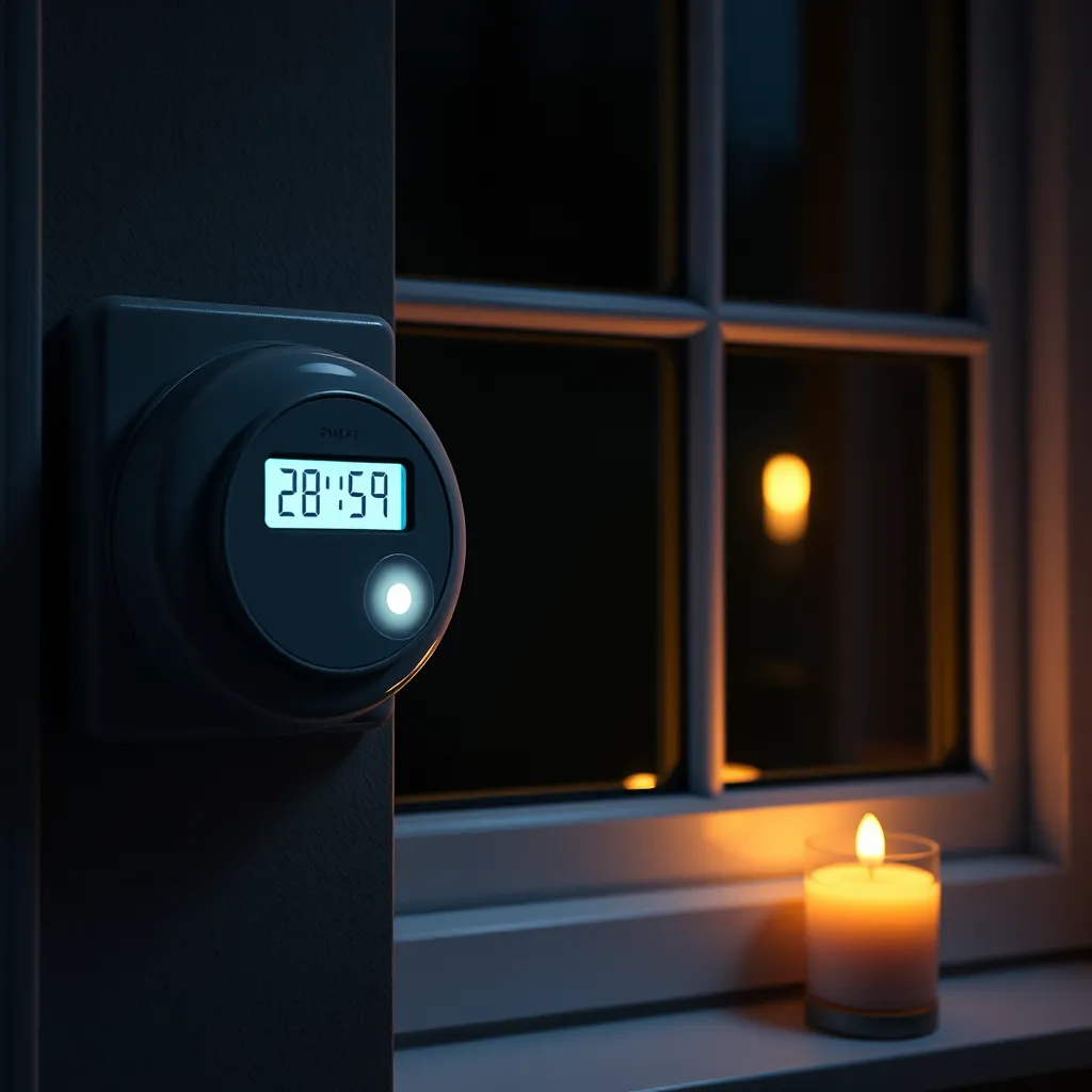 A scenario depicted with a smart meter displaying a blinking light during a power cut in a UK household. Show a window with darkness outside and a flickering candle inside to create a cozy atmosphere, highlighting the contrast between the power cut and the soft, warm light in the home.
